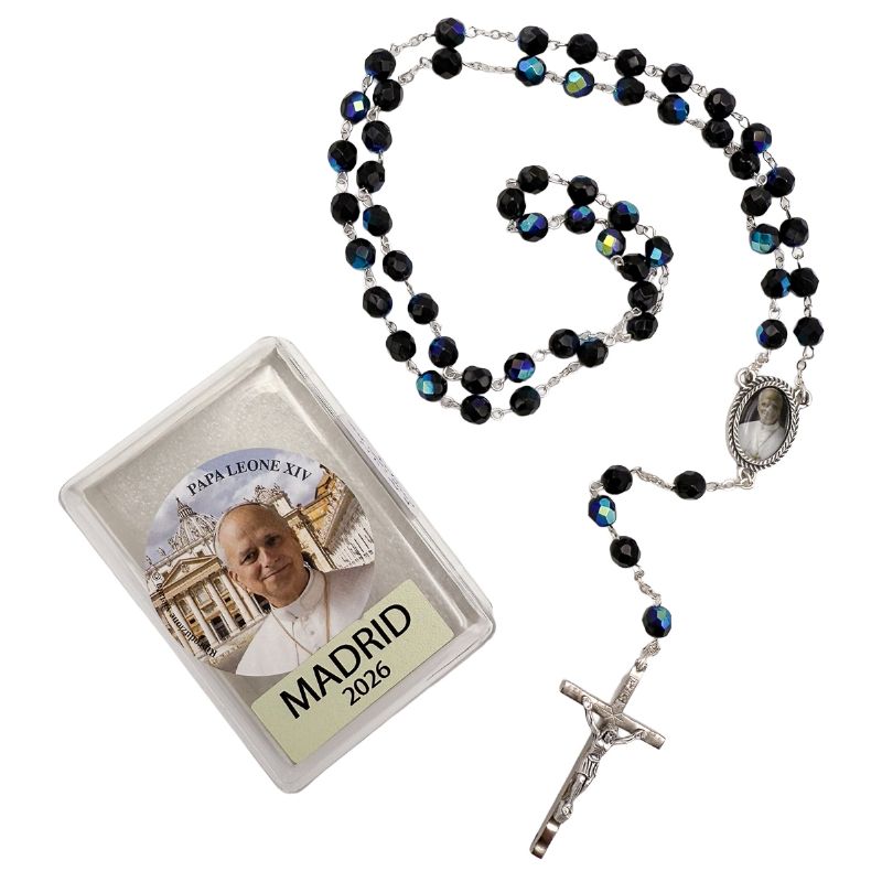 Rosario facetado negro 7 mm Papa Le�n - Presentaci�n especial