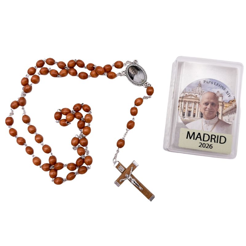 Rosario de madera ovalada Papa Le�n XIV - Cuentas 8 x 7 mm
