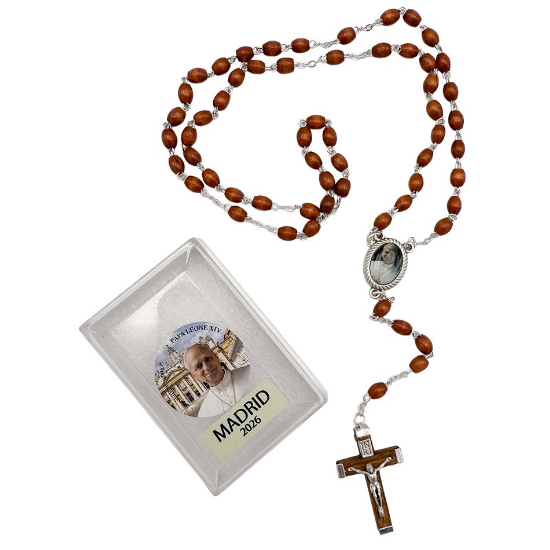 Rosario de madera ovalada natural Papa Le�n XIV - 7 x 6 mm