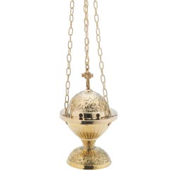 Incensario dorado con cruz superior y ornamen...