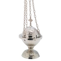 Incensario plateado con cruz superior y decor...