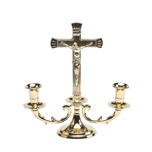 Candelabro bajo de 2 luces con cruz central e...