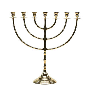 Candelabro hebreo de 7 brazos en metal dorado...