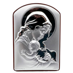 Icono Virgen con Nio en plata de ley sobre madera