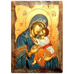 Icono virgen con nio pintado sobre madera