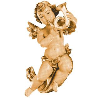 Angel volante con bocina, escultura tallada e...