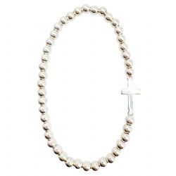 Pulsera el�stica de plata con bolas y cruz - ...
